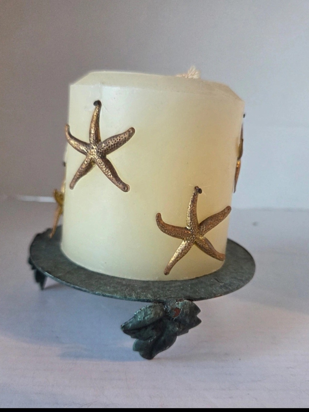 Vintage Candle with Starfish Accents on Metal Stand Nautical Decor